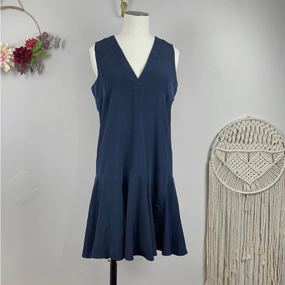 Sleeveless Flounce Navy V-Neck Flirty Full Lined Dress by J. Crew